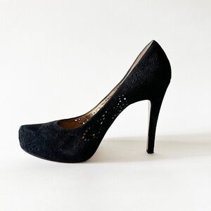 BCBG Black Suede Platform Pumps with Eyelet Detailing